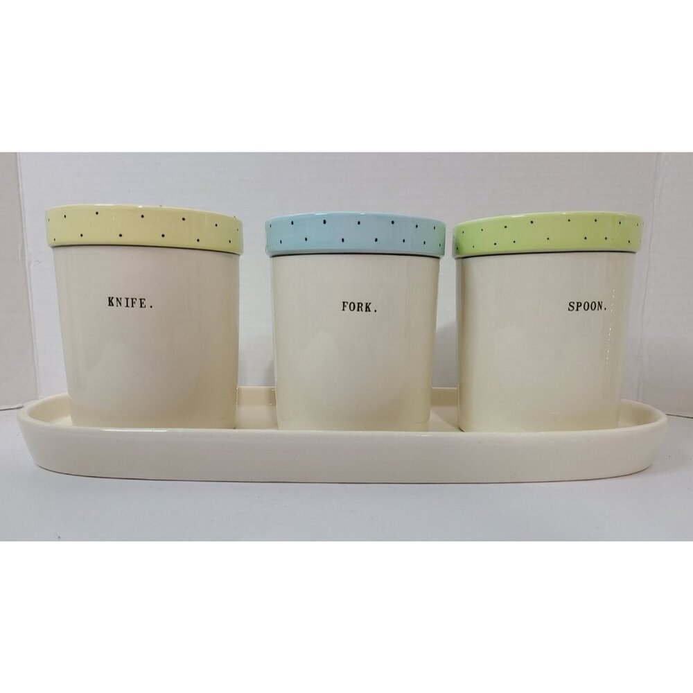 Rae Dunn 4pc Polka Dot Fork Knife Spoon Utensil Jars & Platter Blue Green Yellow